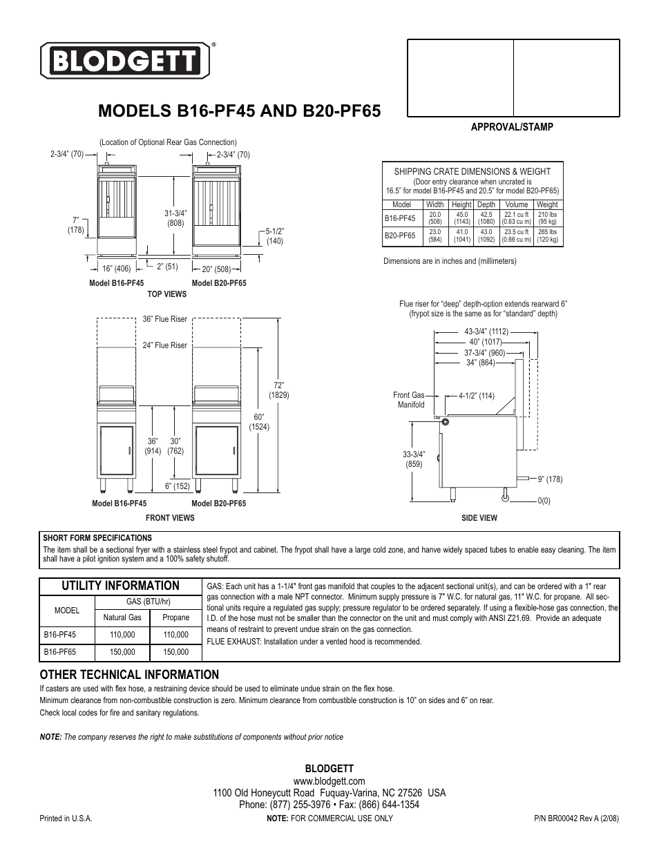 Other technical information, Utility information | Blodgett B20-PF65 User Manual | Page 2 / 2
