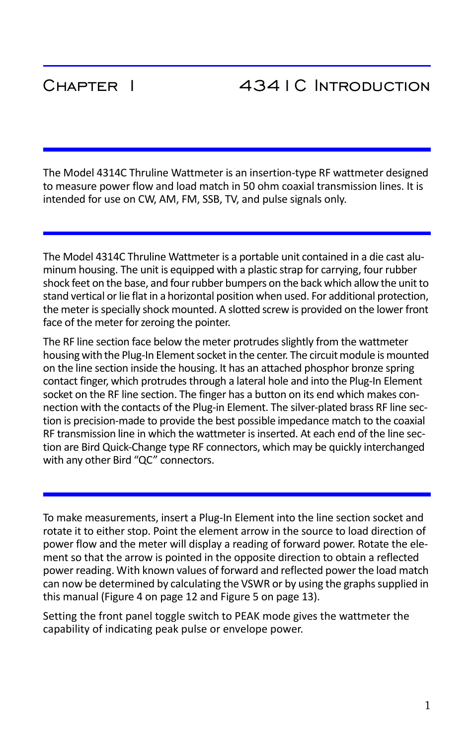 Chapter 1 4341c introduction, Purpose and function, Description | Performance characteristics and capabilities | Bird Technologies 4314C User Manual | Page 13 / 48