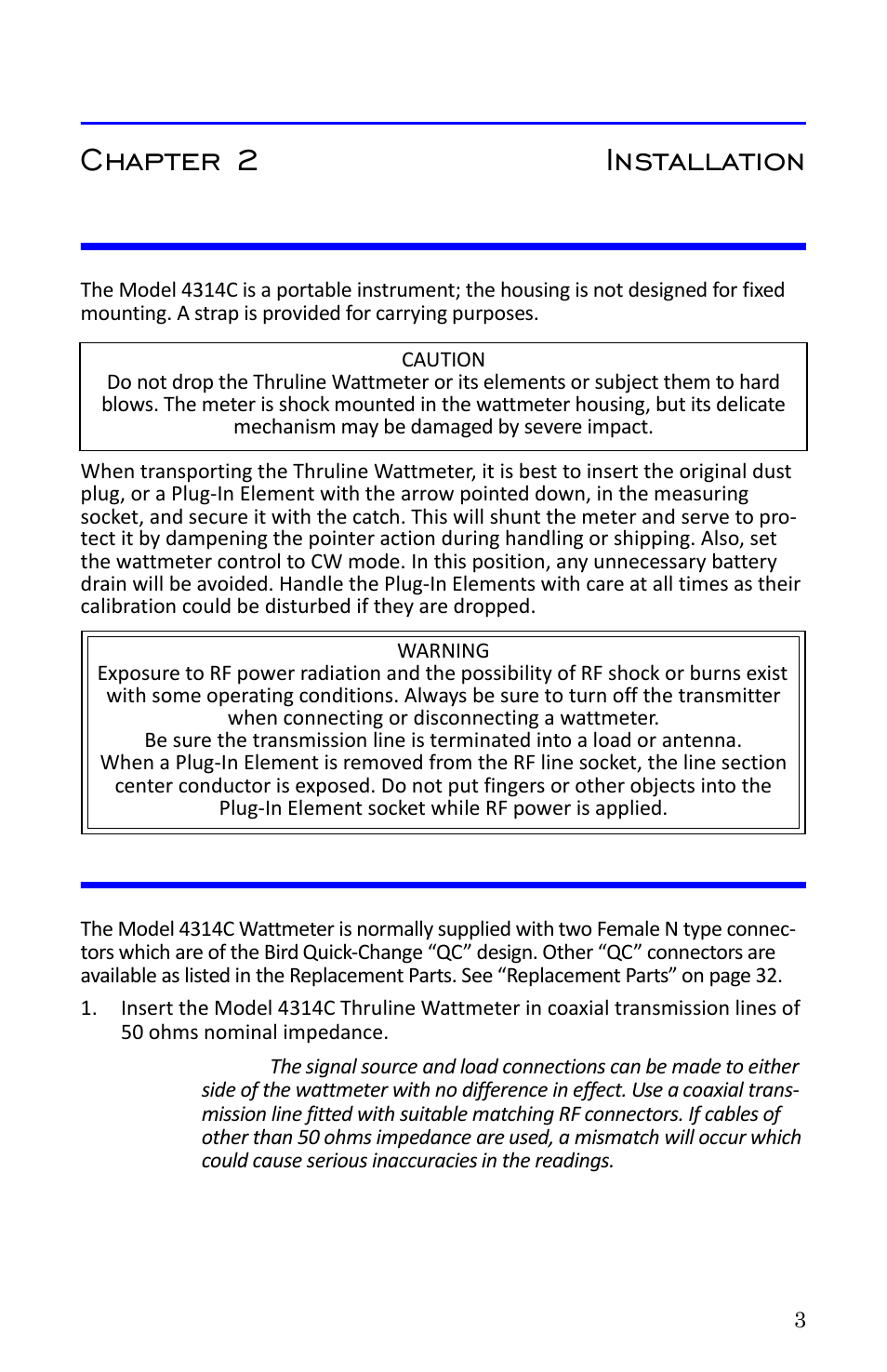 Chapter 2 installation, Portability, Connections | Portability connections | Bird Technologies 4314C User Manual | Page 15 / 48