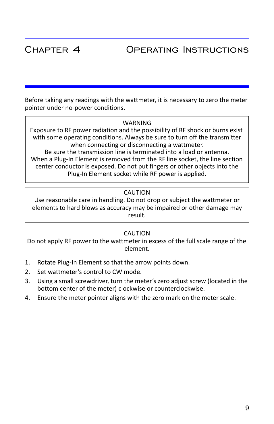 Chapter 4 operating instructions, Zero adjust meter | Bird Technologies 4314C User Manual | Page 21 / 48