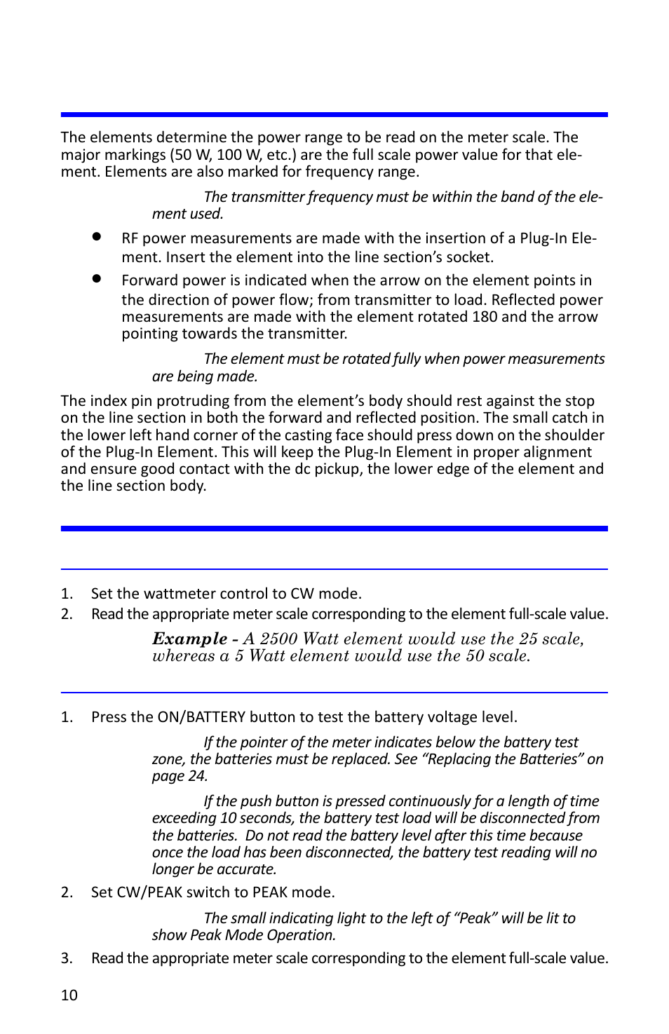 Plug-in element selection and insertion, Measurements, Cw power measurements | Peak power measurements, Cw power measurements peak power measurements | Bird Technologies 4314C User Manual | Page 22 / 48