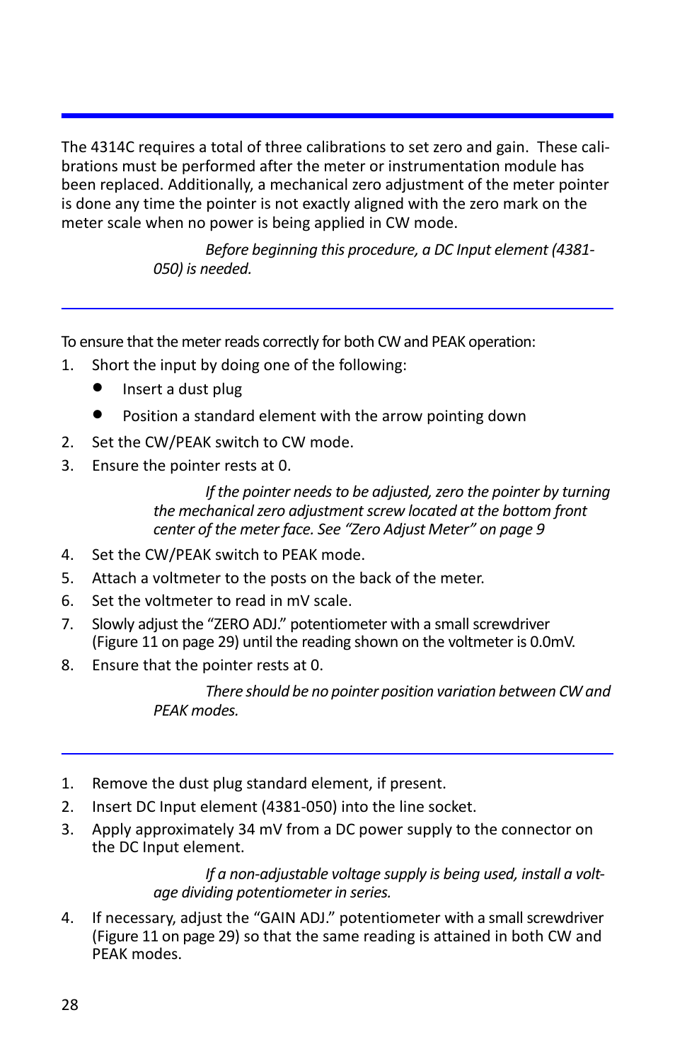 Calibrating the wattmeter, Peak mode zero adjust, Peak mode gain adjust | Peak mode zero adjust peak mode gain adjust | Bird Technologies 4314C User Manual | Page 40 / 48