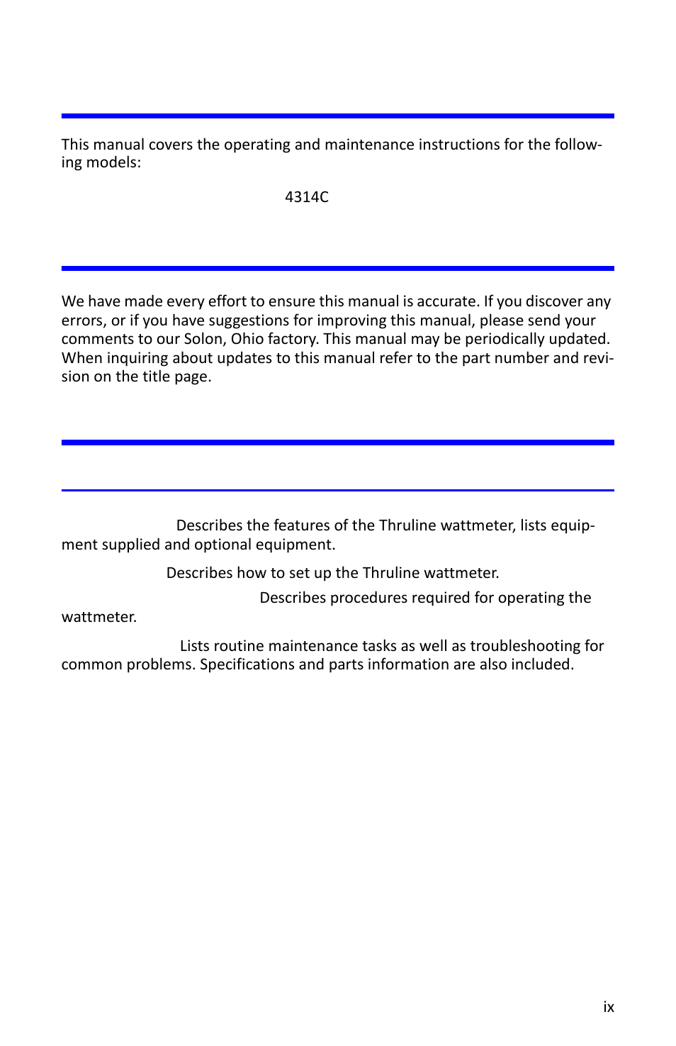 About this manual, Changes to this manual, Literature contents | Chapter layout | Bird Technologies 4314C User Manual | Page 9 / 48