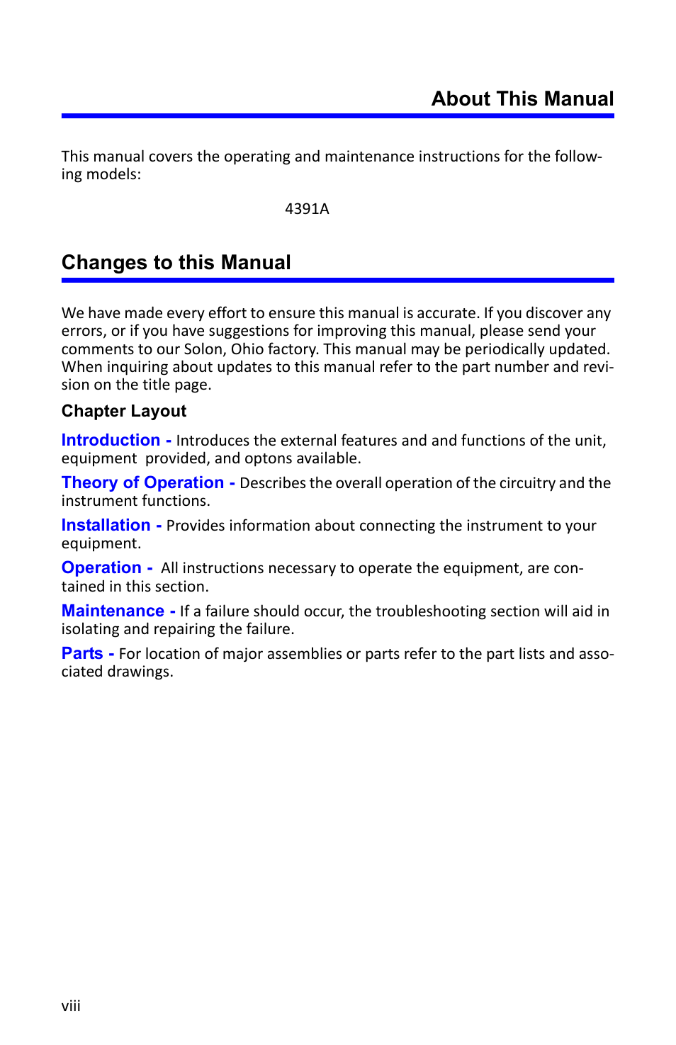 About this manual, Changes to this manual, Chapter layout | Bird Technologies 4391A User Manual | Page 10 / 46