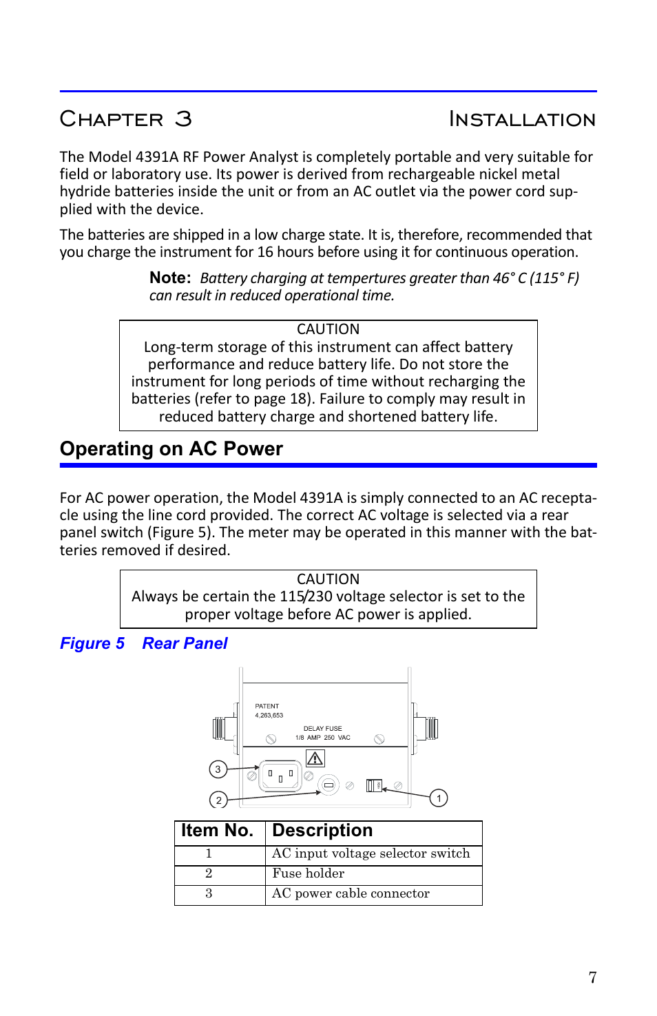 Chapter 3 installation, Operating on ac power, Figure 5 rear panel | Bird Technologies 4391A User Manual | Page 19 / 46