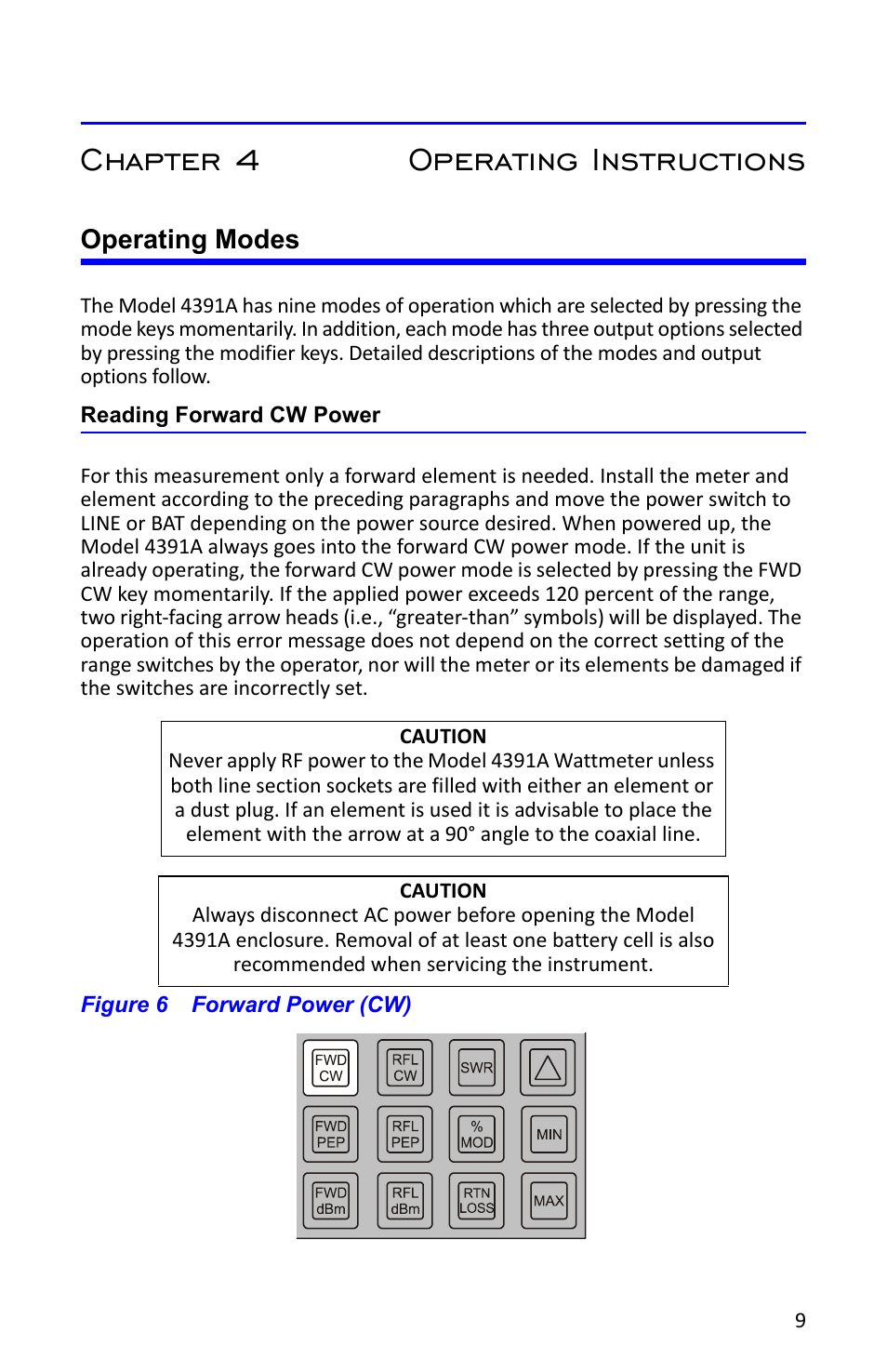 Chapter 4 operating instructions, Operating modes, Reading forward cw power | Figure 6 forward power (cw) | Bird Technologies 4391A User Manual | Page 21 / 46