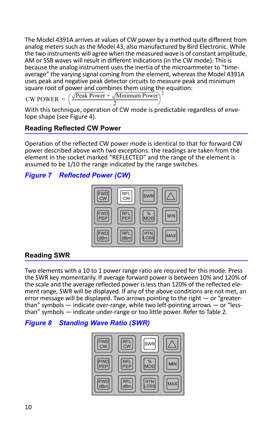 Reading reflected cw power, Figure 7 reflected power (cw), Reading swr | Figure 8 standing wave ratio (swr), Reading reflected cw power reading swr | Bird Technologies 4391A User Manual | Page 22 / 46