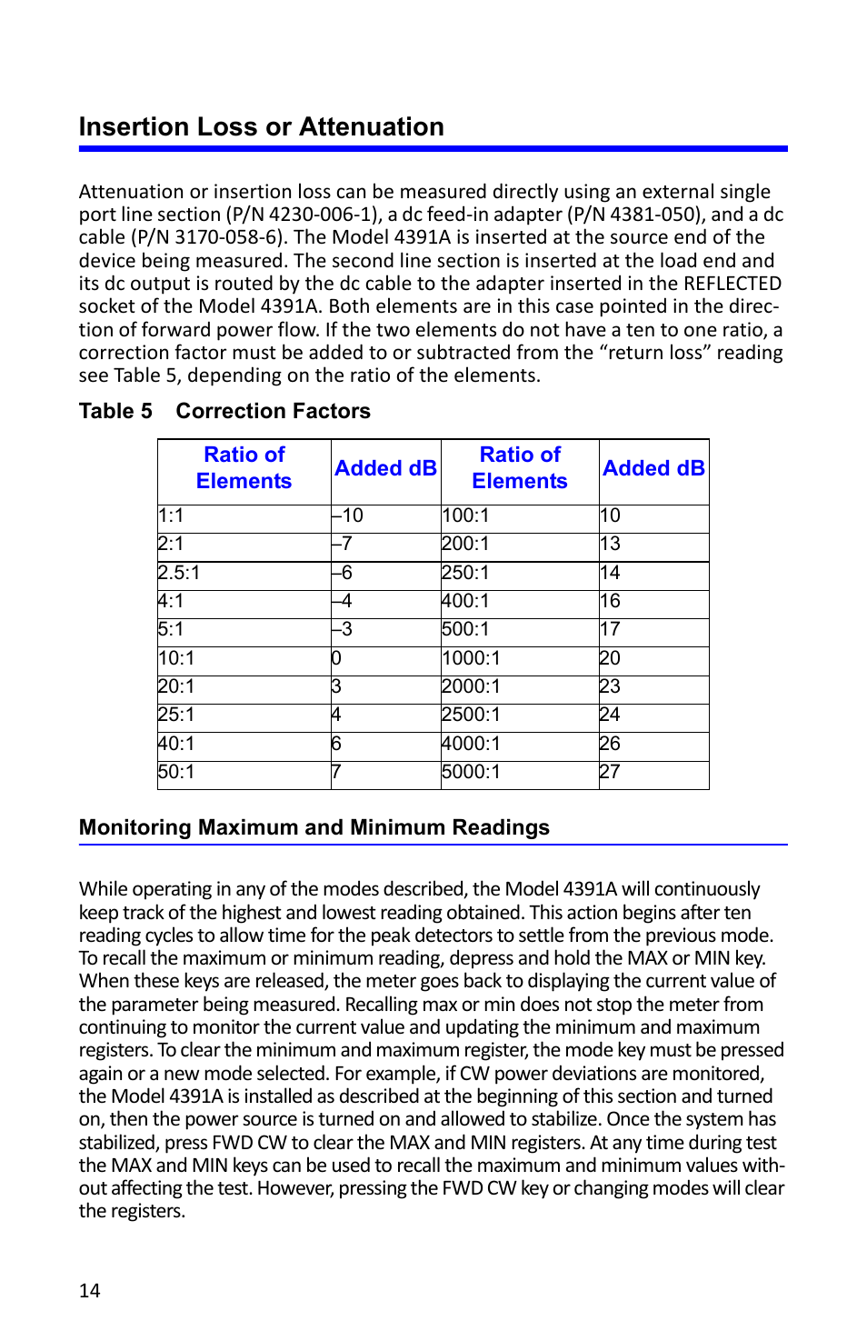 Insertion loss or attenuation, Monitoring maximum and minimum readings | Bird Technologies 4391A User Manual | Page 26 / 46