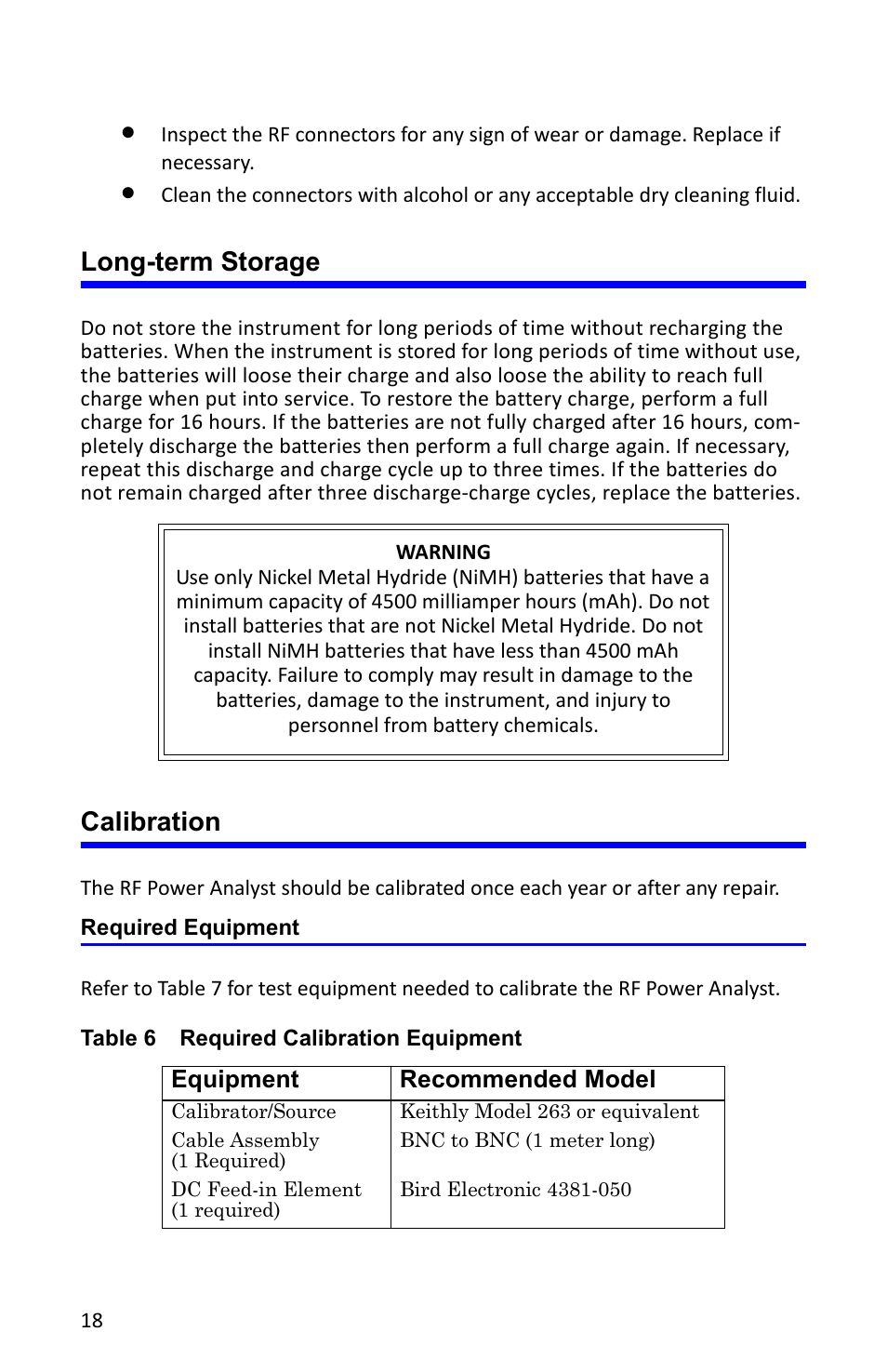 Long-term storage, Calibration, Required equipment | D 18, Long-term storage calibration | Bird Technologies 4391A User Manual | Page 30 / 46