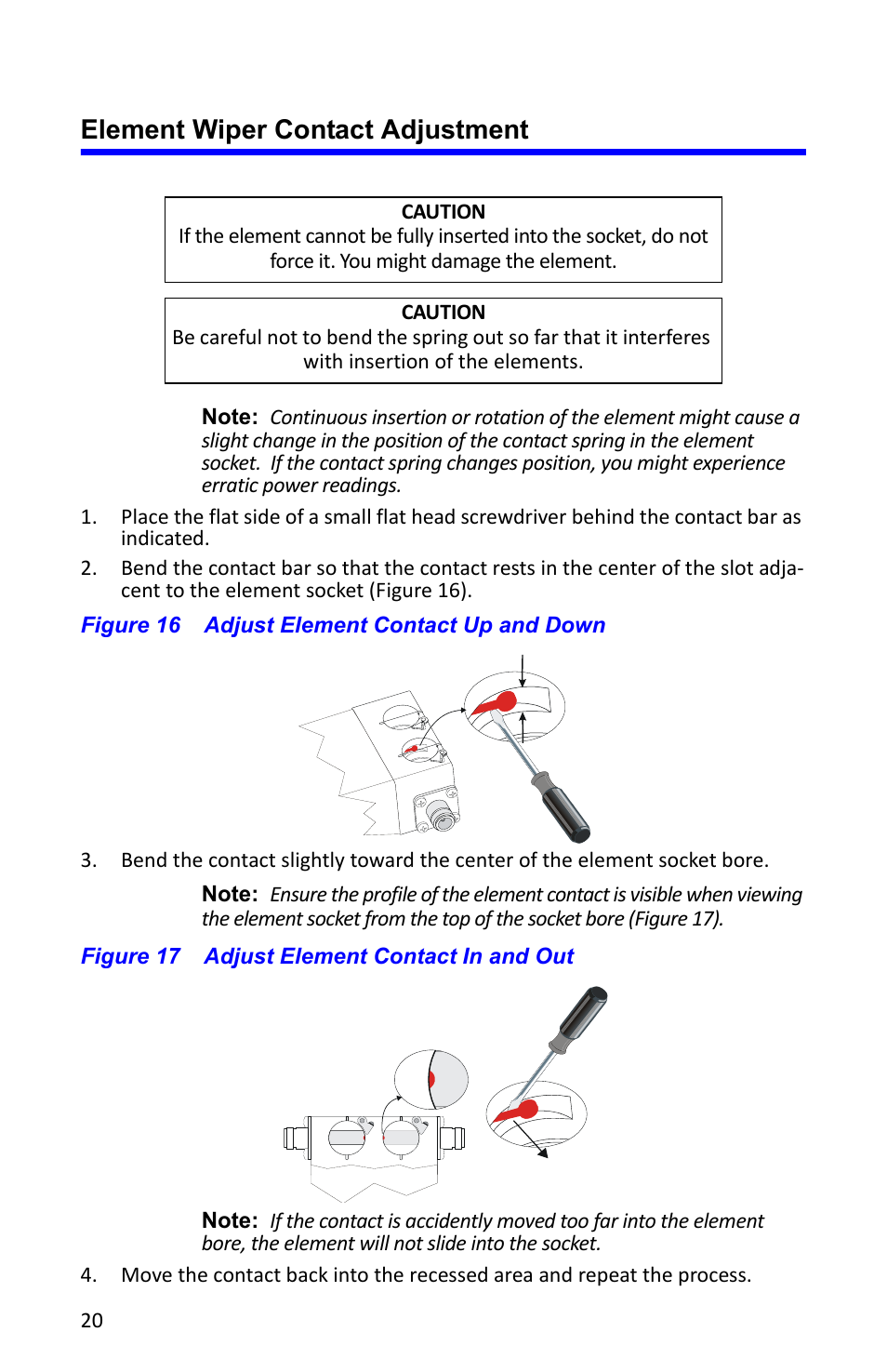 Element wiper contact adjustment, Figure 16 adjust element contact up and down, Figure 17 adjust element contact in and out | Bird Technologies 4391A User Manual | Page 32 / 46