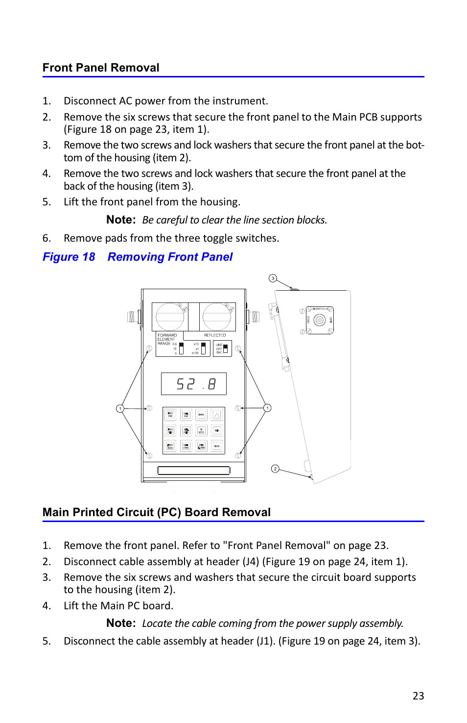 Front panel removal, Figure 18 removing front panel, Main printed circuit (pc) board removal | Bird Technologies 4391A User Manual | Page 35 / 46