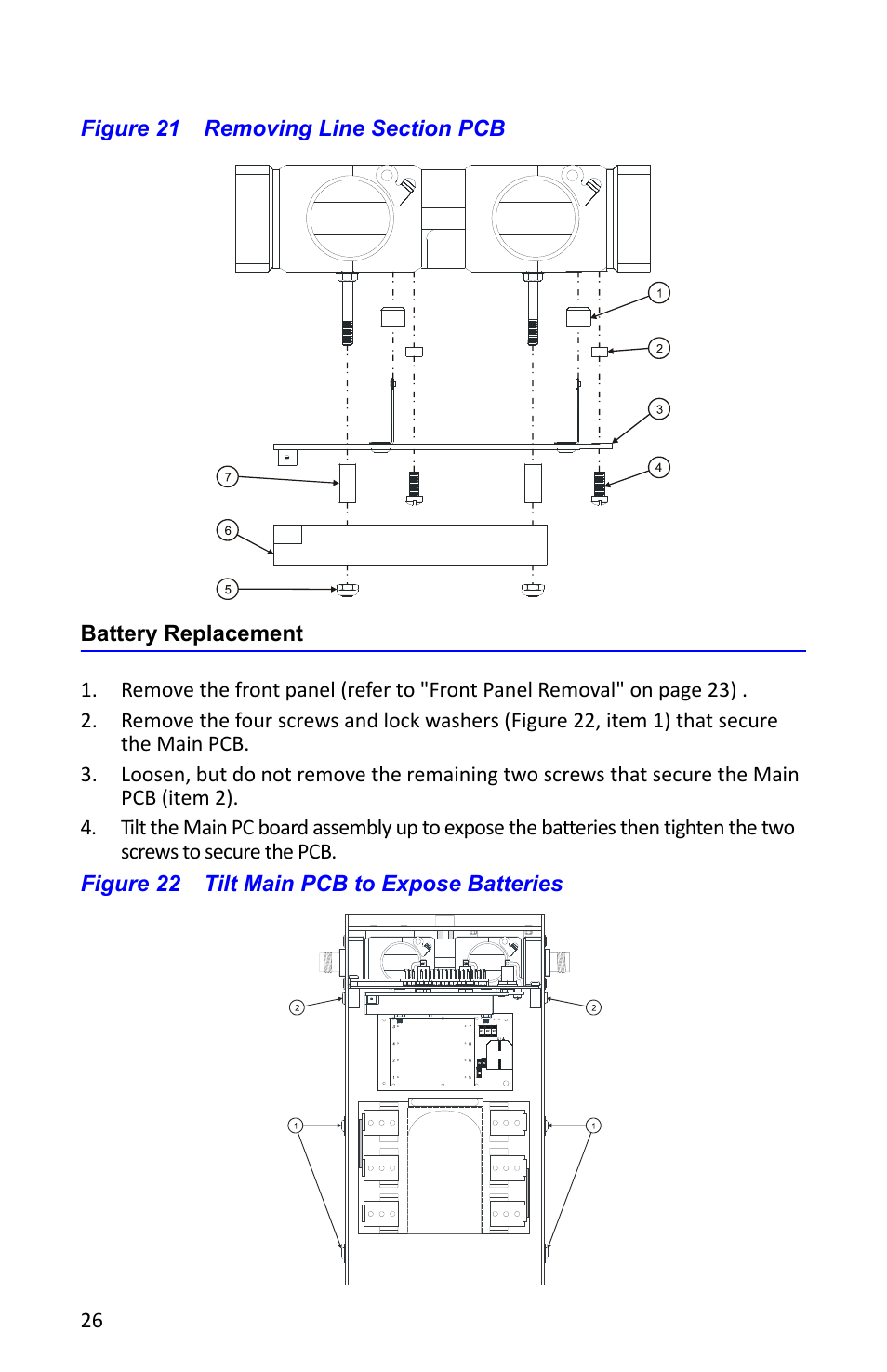 Figure 21 removing line section pcb, Battery replacement, Figure 22 tilt main pcb to expose batteries | Bird Technologies 4391A User Manual | Page 38 / 46