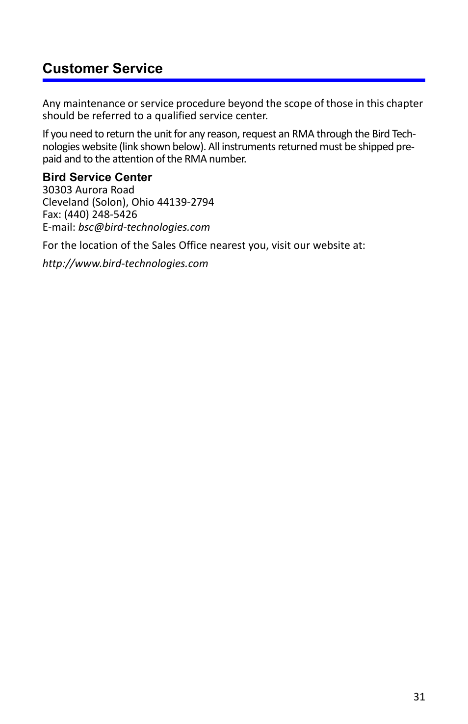 Customer service | Bird Technologies 4391A User Manual | Page 43 / 46