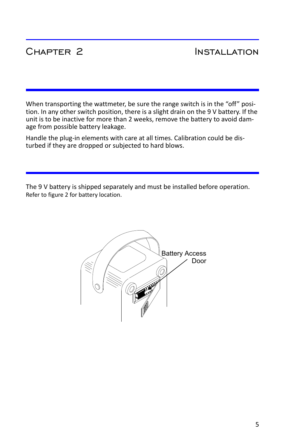 Chapter 2 installation, Portability, Installing battery | Figure 2 battery installment, Portability installing battery | Bird Technologies 4412A User Manual | Page 15 / 38