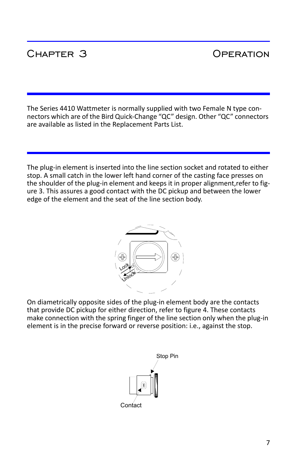 Chapter 3 operation, Connectors, Inserting elements | Figure 3 element lock, Figure 4 element, Connectors inserting elements | Bird Technologies 4412A User Manual | Page 17 / 38