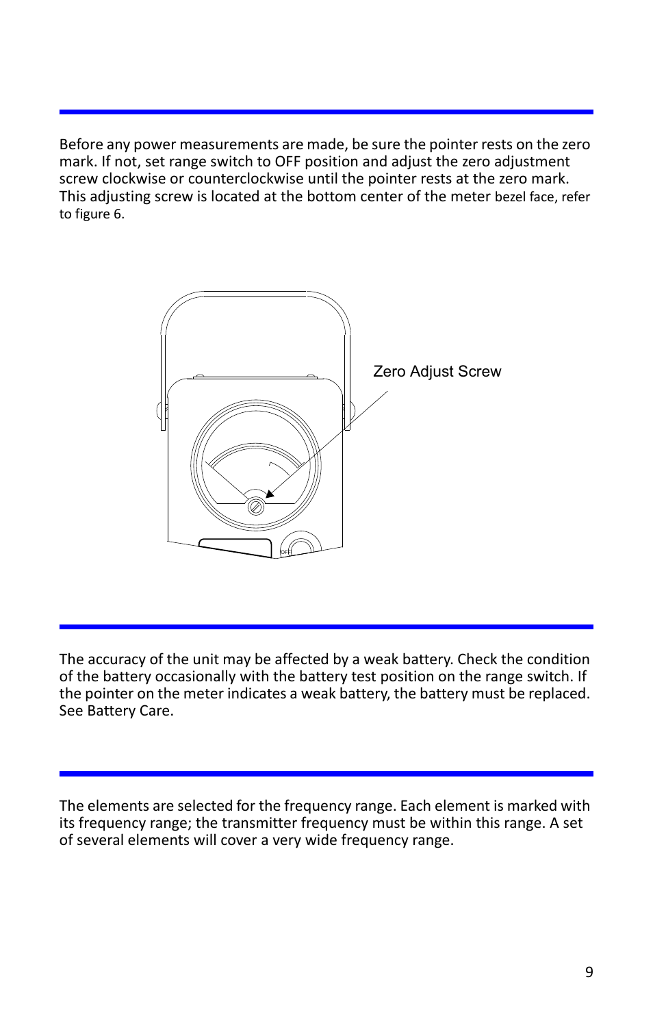 Zero meter, Figure 6 zero adjustment, Battery test | Frequency range, Zero meter battery test frequency range | Bird Technologies 4412A User Manual | Page 19 / 38