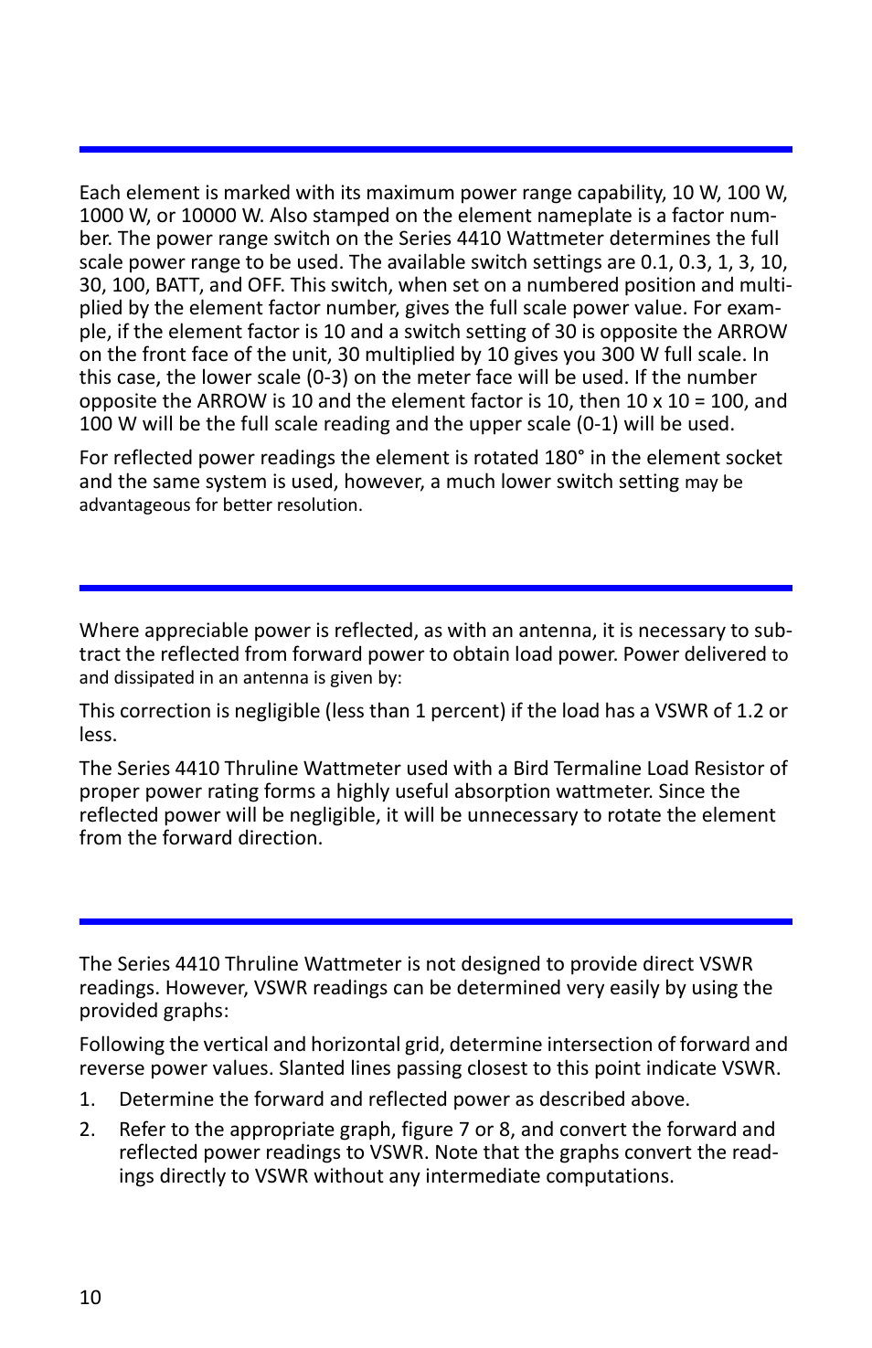 Power range coverage, Load power, Determining vswr | Power range coverage load power determining vswr | Bird Technologies 4412A User Manual | Page 20 / 38