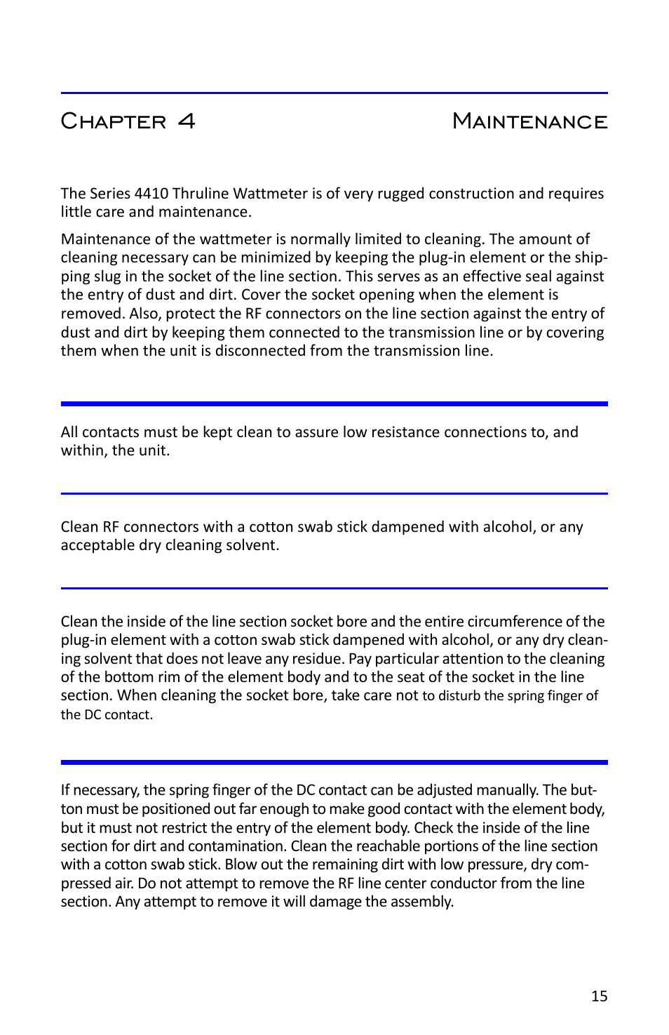 Chapter 4 maintenance, Care and cleaning, Rf connectors | Line section & plug-in element, Adjustments, Rf connectors line section & plug-in element | Bird Technologies 4412A User Manual | Page 25 / 38