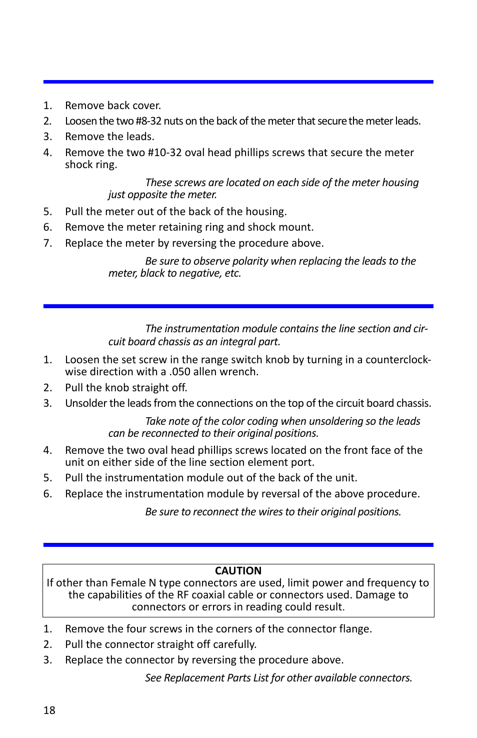 Meter replacement, Instrumentation module replacement, Rf connectors replacement | Bird Technologies 4412A User Manual | Page 28 / 38