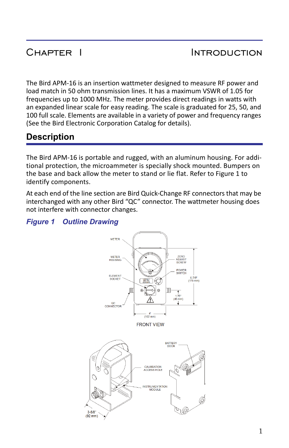 Chapter 1 introduction, Description, Figure 1 outline drawing | Bird Technologies APM-16 User Manual | Page 13 / 41