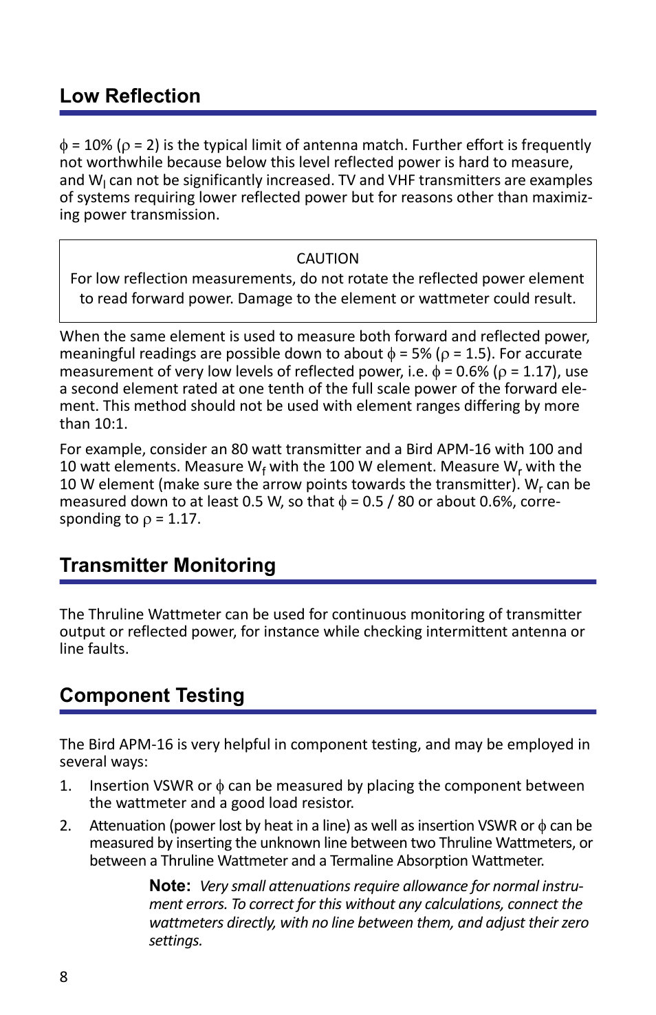 Low reflection, Transmitter monitoring, Component testing | Bird Technologies APM-16 User Manual | Page 20 / 41