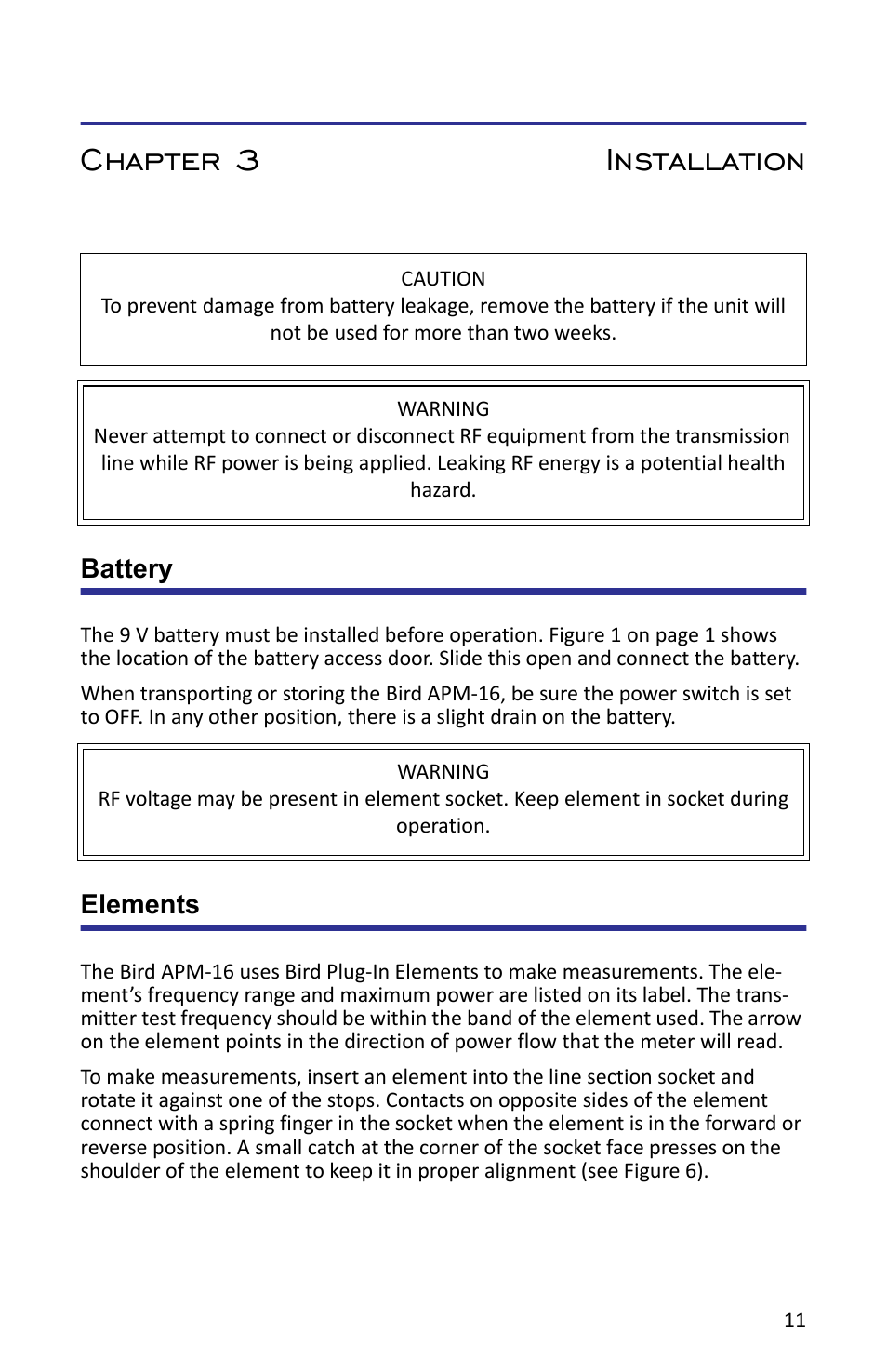 Chapter 3 installation, Battery, Elements | Battery elements | Bird Technologies APM-16 User Manual | Page 23 / 41