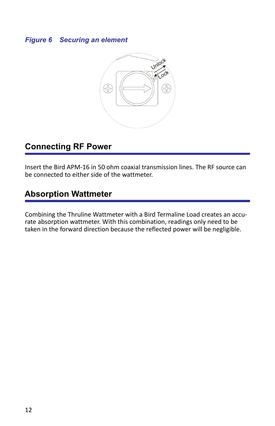 Figure 6 securing an element, Connecting rf power, Absorption wattmeter | Connecting rf power absorption wattmeter | Bird Technologies APM-16 User Manual | Page 24 / 41
