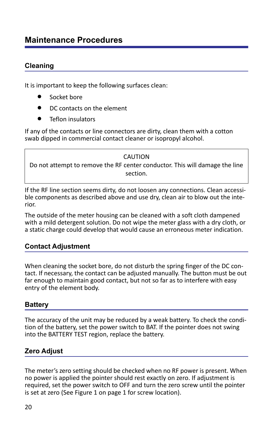 Maintenance procedures, Cleaning, Contact adjustment | Battery, Zero adjust, Cleaning contact adjustment battery zero adjust | Bird Technologies APM-16 User Manual | Page 32 / 41