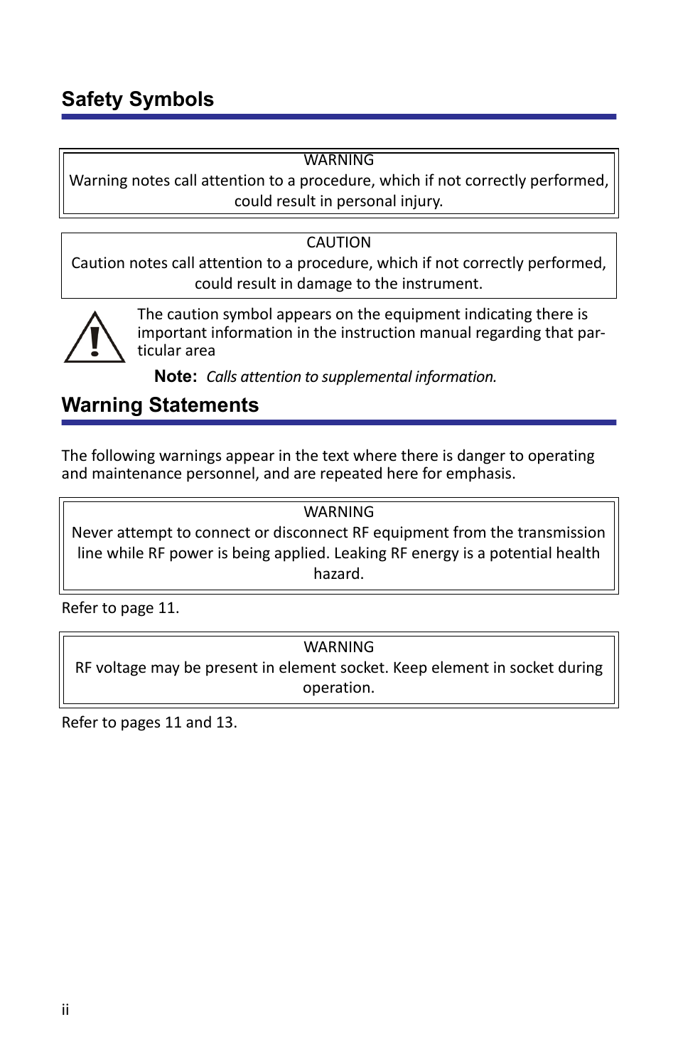 Safety symbols, Warning statements | Bird Technologies APM-16 User Manual | Page 4 / 41