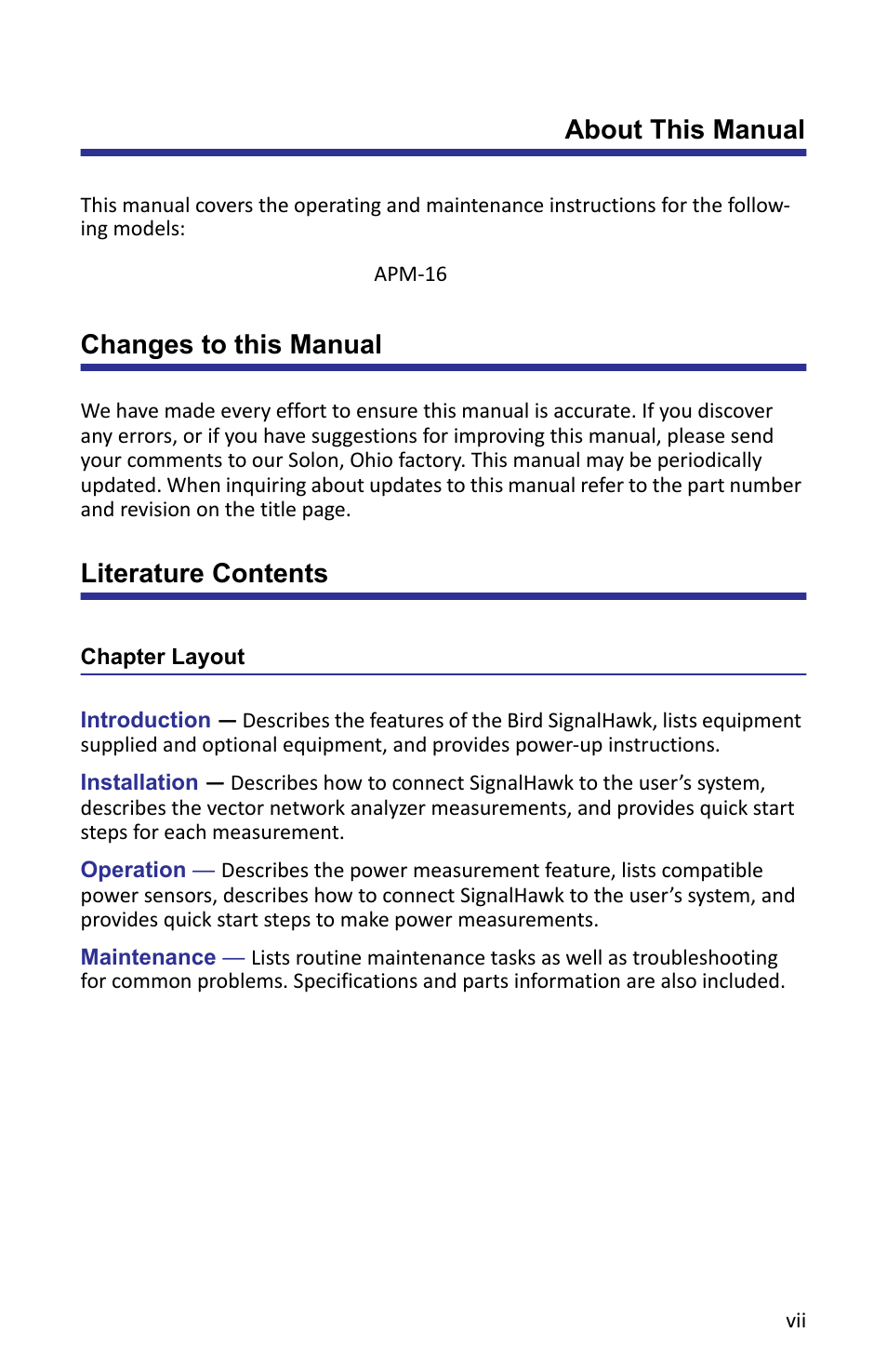 Changes to this manual, Literature contents, Chapter layout | Bird Technologies APM-16 User Manual | Page 9 / 41