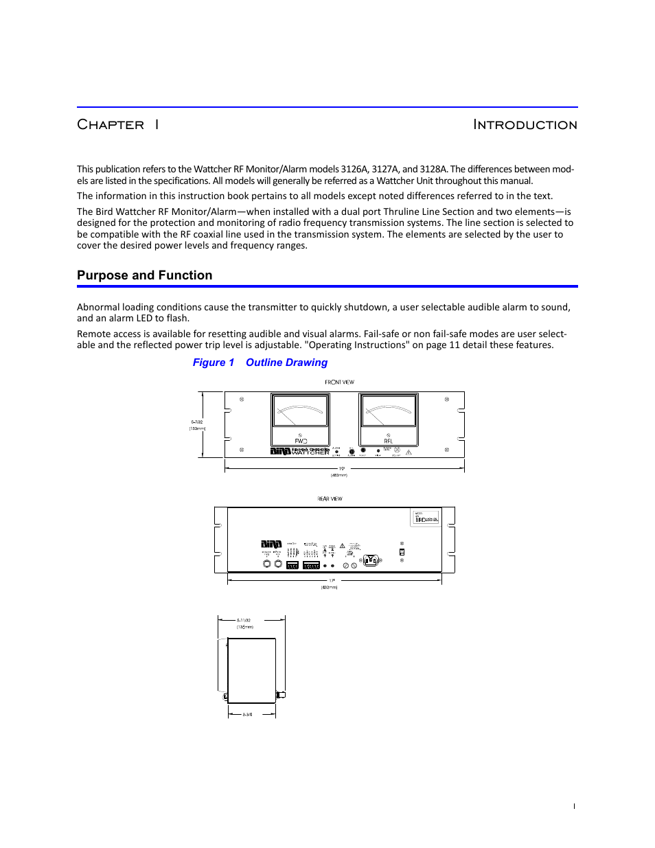 Chapter 1 introduction, Purpose and function, Figure 1 outline drawing | Bird Technologies 3128A User Manual | Page 13 / 35