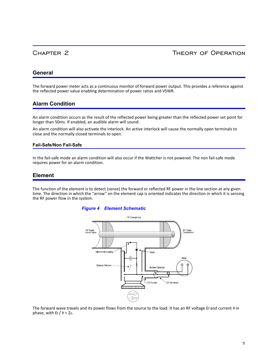 Chapter 2 theory of operation, General, Alarm condition | Fail-safe/non fail-safe, Element, Figure 4 element schematic, General alarm condition | Bird Technologies 3128A User Manual | Page 17 / 35