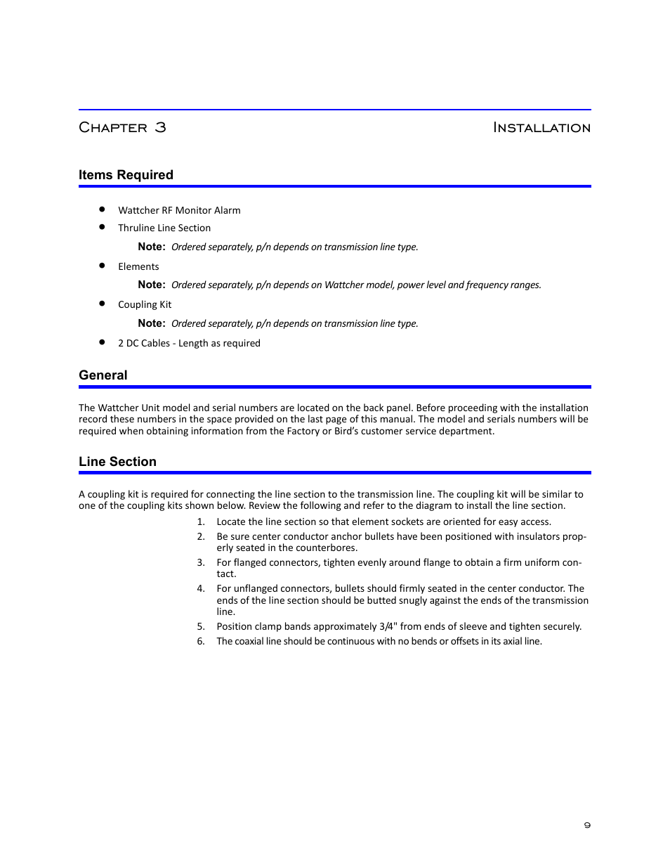 Chapter 3 installation, Items required, General | Line section, Items required general line section | Bird Technologies 3128A User Manual | Page 21 / 35