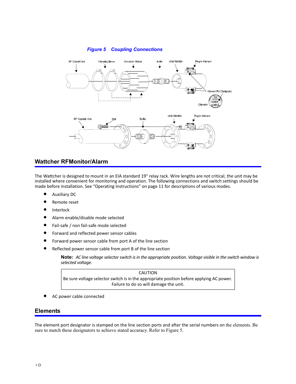 Figure 5 coupling connections, Wattcher rfmonitor/alarm, Elements | Wattcher rfmonitor/alarm elements | Bird Technologies 3128A User Manual | Page 22 / 35