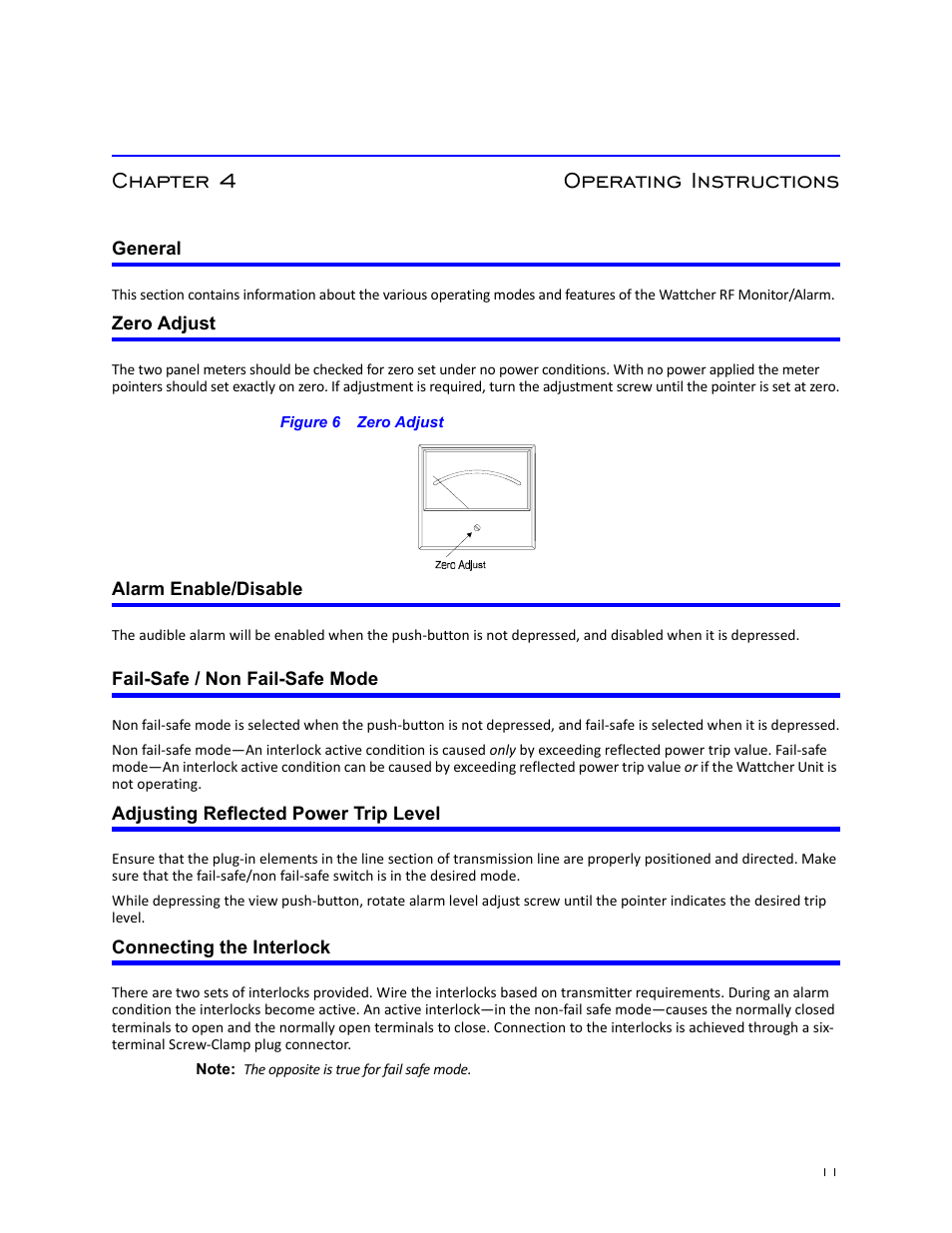 Chapter 4 operating instructions, General, Zero adjust | Figure 6 zero adjust, Alarm enable/disable, Fail-safe / non fail-safe mode, Adjusting reflected power trip level, Connecting the interlock | Bird Technologies 3128A User Manual | Page 23 / 35