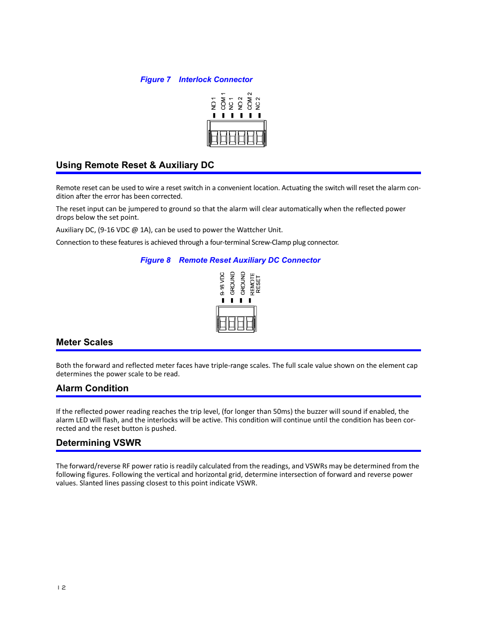 Figure 7 interlock connector, Using remote reset & auxiliary dc, Figure 8 remote reset auxiliary dc connector | Meter scales, Alarm condition, Determining vswr | Bird Technologies 3128A User Manual | Page 24 / 35