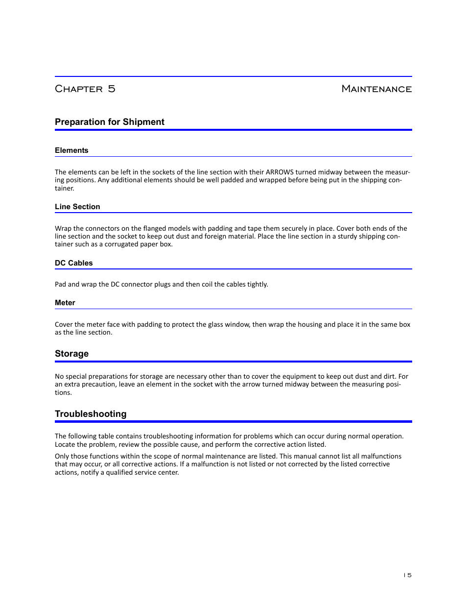 Chapter 5 maintenance, Preparation for shipment, Elements | Line section, Dc cables, Meter, Storage, Troubleshooting, Elements line section dc cables meter, Storage troubleshooting | Bird Technologies 3128A User Manual | Page 27 / 35