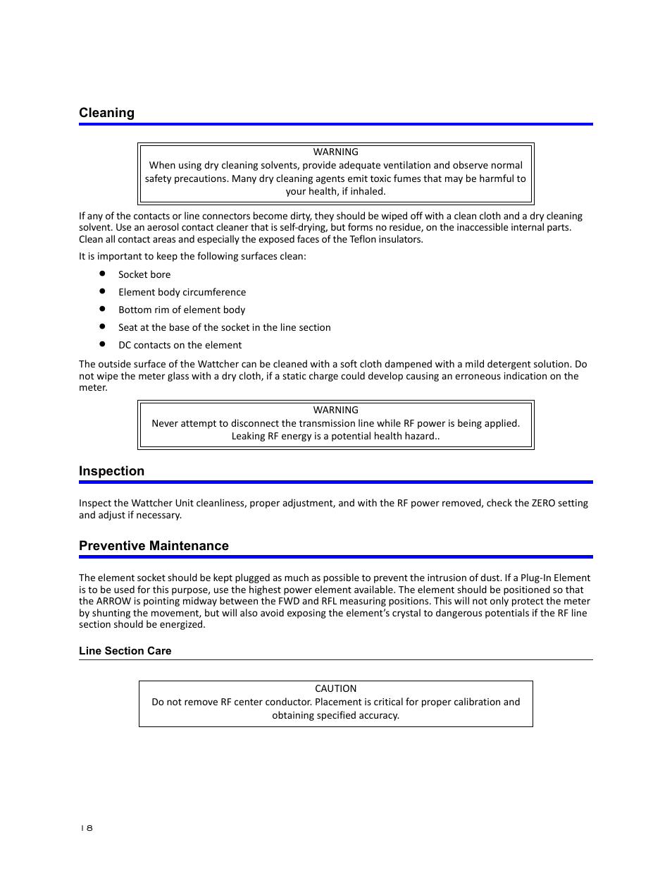 Cleaning, Inspection, Preventive maintenance | Line section care, Cleaning inspection preventive maintenance | Bird Technologies 3128A User Manual | Page 30 / 35