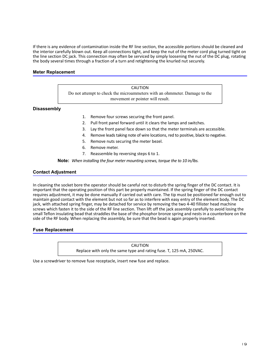 Meter replacement, Disassembly, Contact adjustment | Fuse replacement, Contact adjustment fuse replacement | Bird Technologies 3128A User Manual | Page 31 / 35