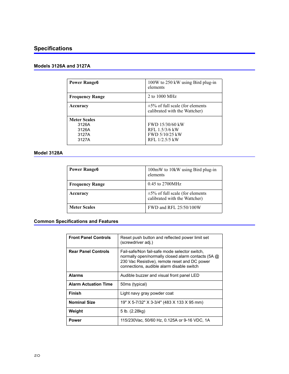 Specifications, Models 3126a and 3127a, Model 3128a | Common specifications and features | Bird Technologies 3128A User Manual | Page 32 / 35