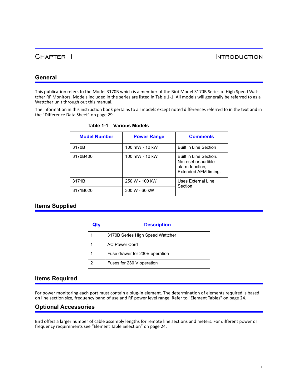 Chapter 1 introduction, General, Items supplied | Items required, Optional accessories | Bird Technologies 3171B020 User Manual | Page 13 / 49