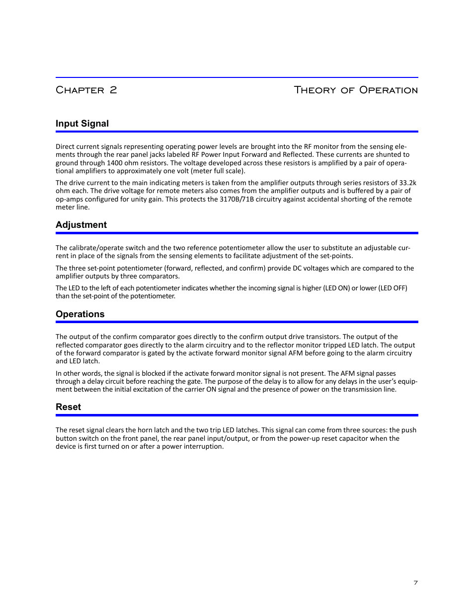 Chapter 2 theory of operation, Input signal, Adjustment | Operations, Reset, Input signal adjustment operations reset | Bird Technologies 3171B020 User Manual | Page 19 / 49