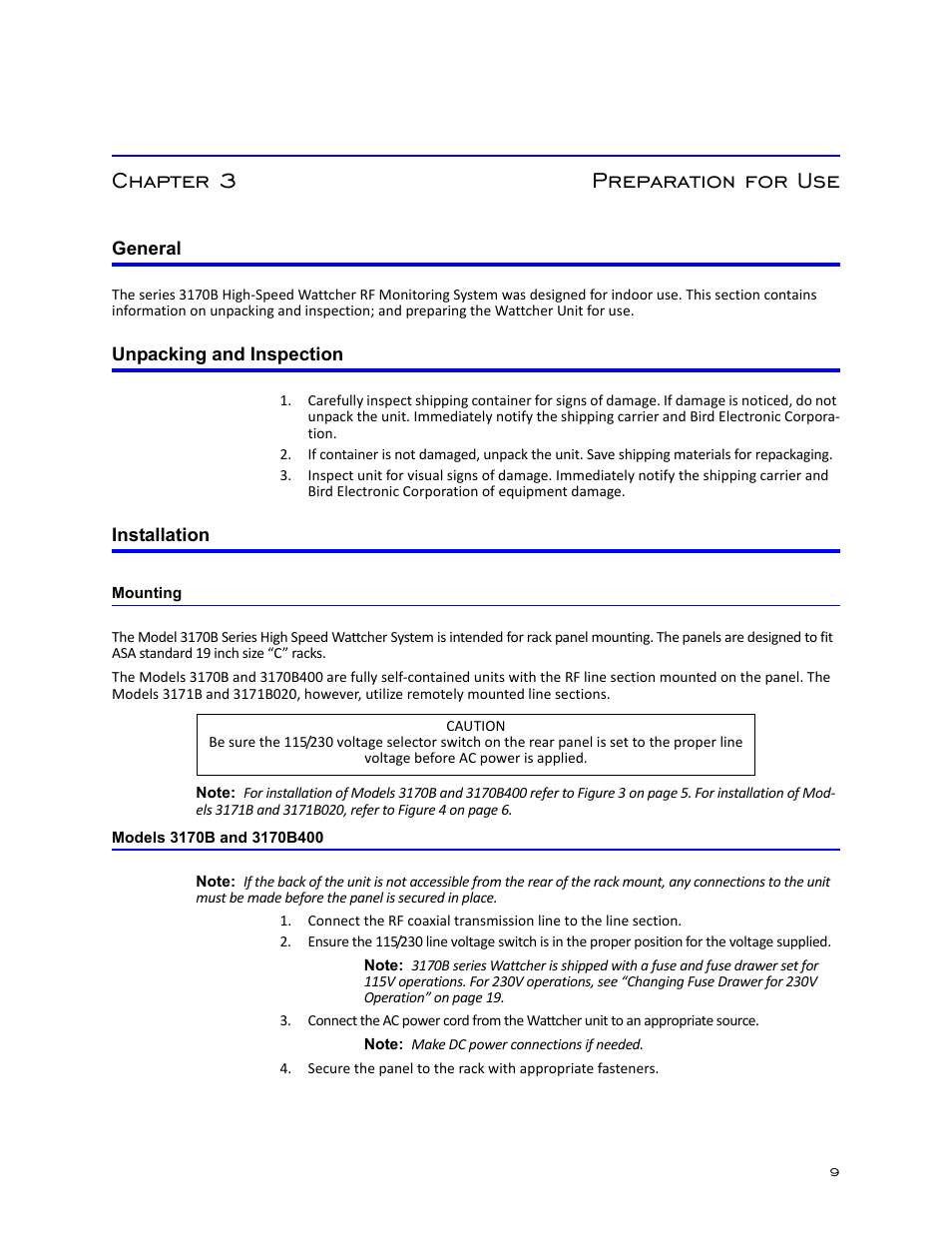 Chapter 3 preparation for use, General, Unpacking and inspection | Installation, Mounting, Models 3170b and 3170b400, General unpacking and inspection installation, Mounting models 3170b and 3170b400 | Bird Technologies 3171B020 User Manual | Page 21 / 49