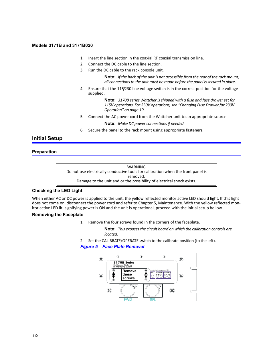 Models 3171b and 3171b020, Initial setup, Preparation | Checking the led light, Removing the faceplate, Figure 5 face plate removal, Checking the led light removing the faceplate | Bird Technologies 3171B020 User Manual | Page 22 / 49