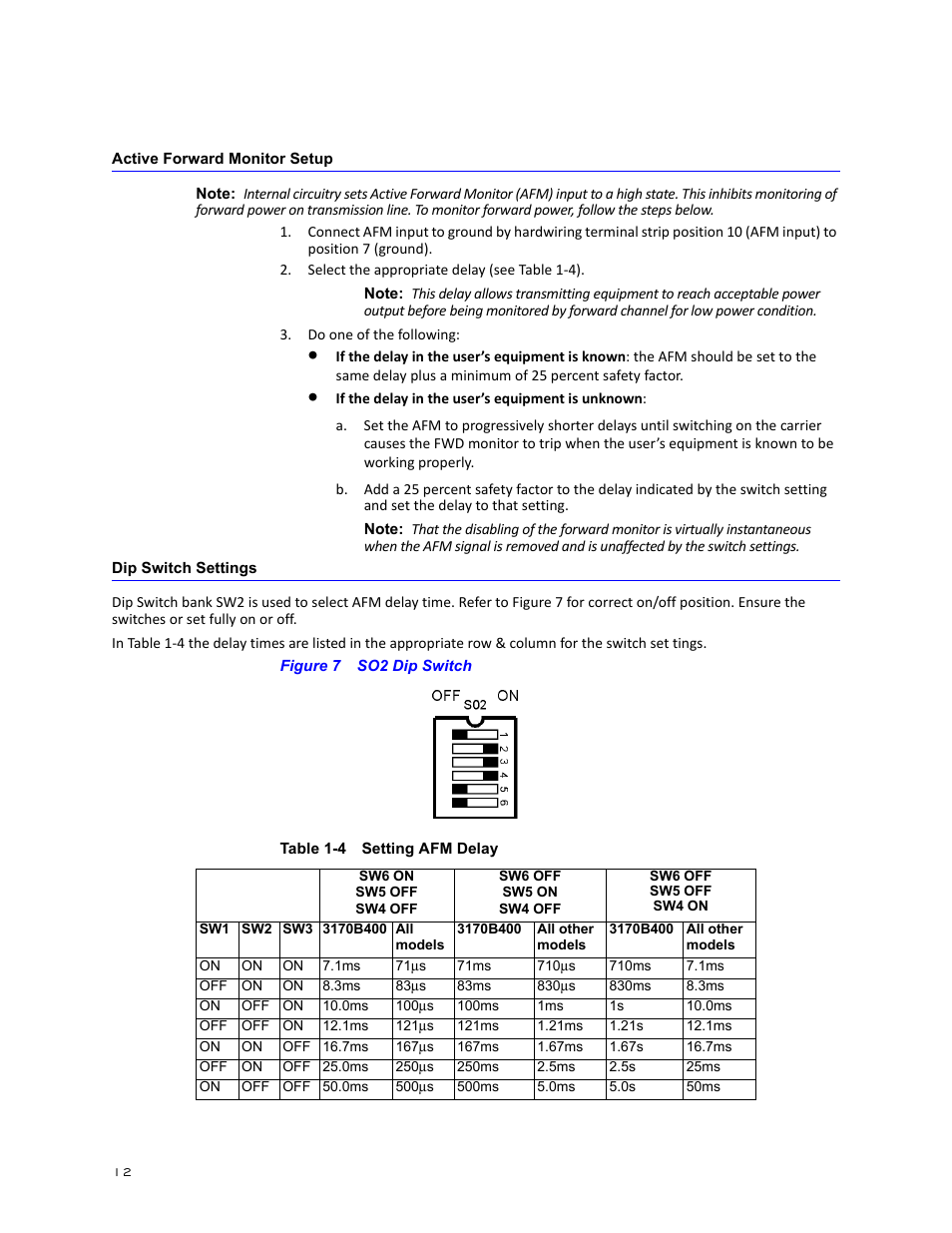 Active forward monitor setup, Dip switch settings, Figure 7 so2 dip switch | Active forward monitor setup dip switch settings | Bird Technologies 3171B020 User Manual | Page 24 / 49