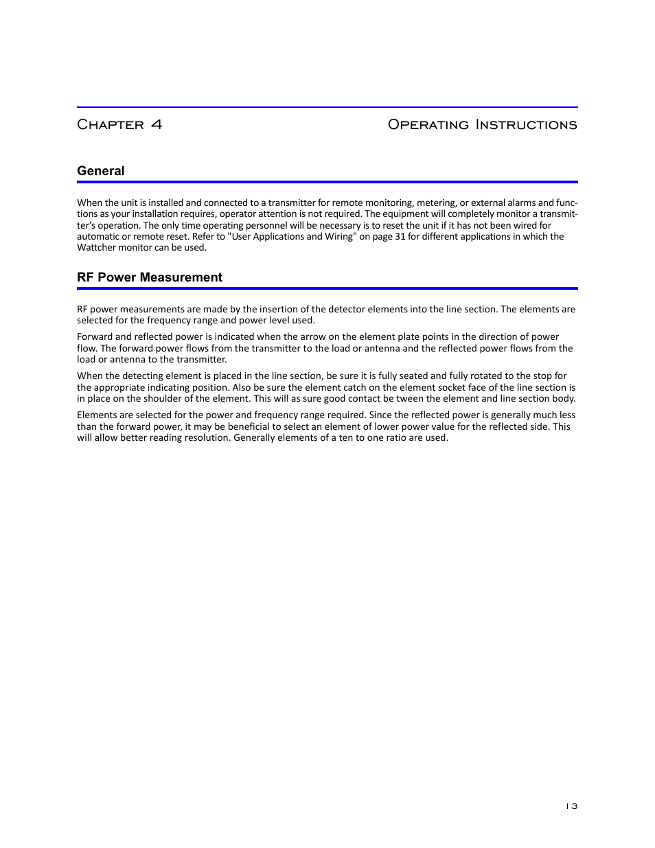 Chapter 4 operating instructions, General, Rf power measurement | General rf power measurement | Bird Technologies 3171B020 User Manual | Page 25 / 49