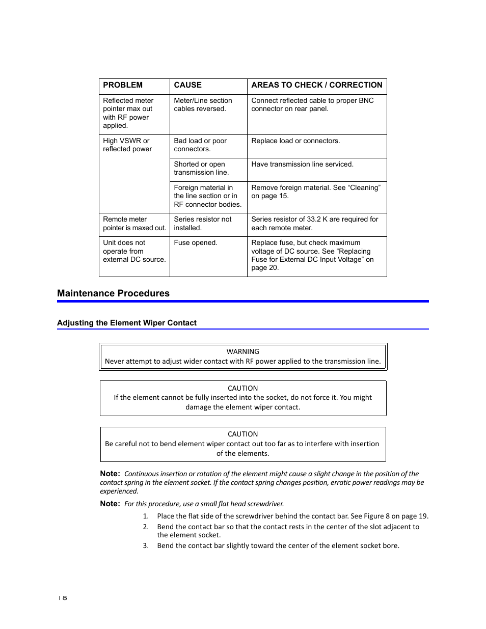 Maintenance procedures, Adjusting the element wiper contact | Bird Technologies 3171B020 User Manual | Page 30 / 49