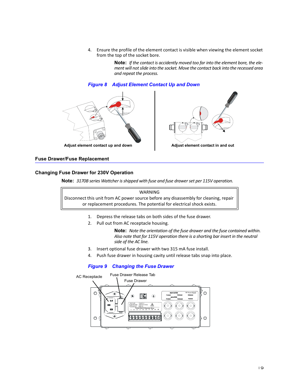 Figure 8 adjust element contact up and down, Fuse drawer/fuse replacement, Changing fuse drawer for 230v operation | Figure 9 changing the fuse drawer | Bird Technologies 3171B020 User Manual | Page 31 / 49