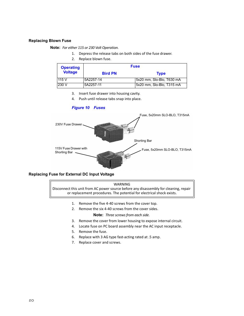 Replacing blown fuse, Figure 10 fuses, Replacing fuse for external dc input voltage | Bird Technologies 3171B020 User Manual | Page 32 / 49