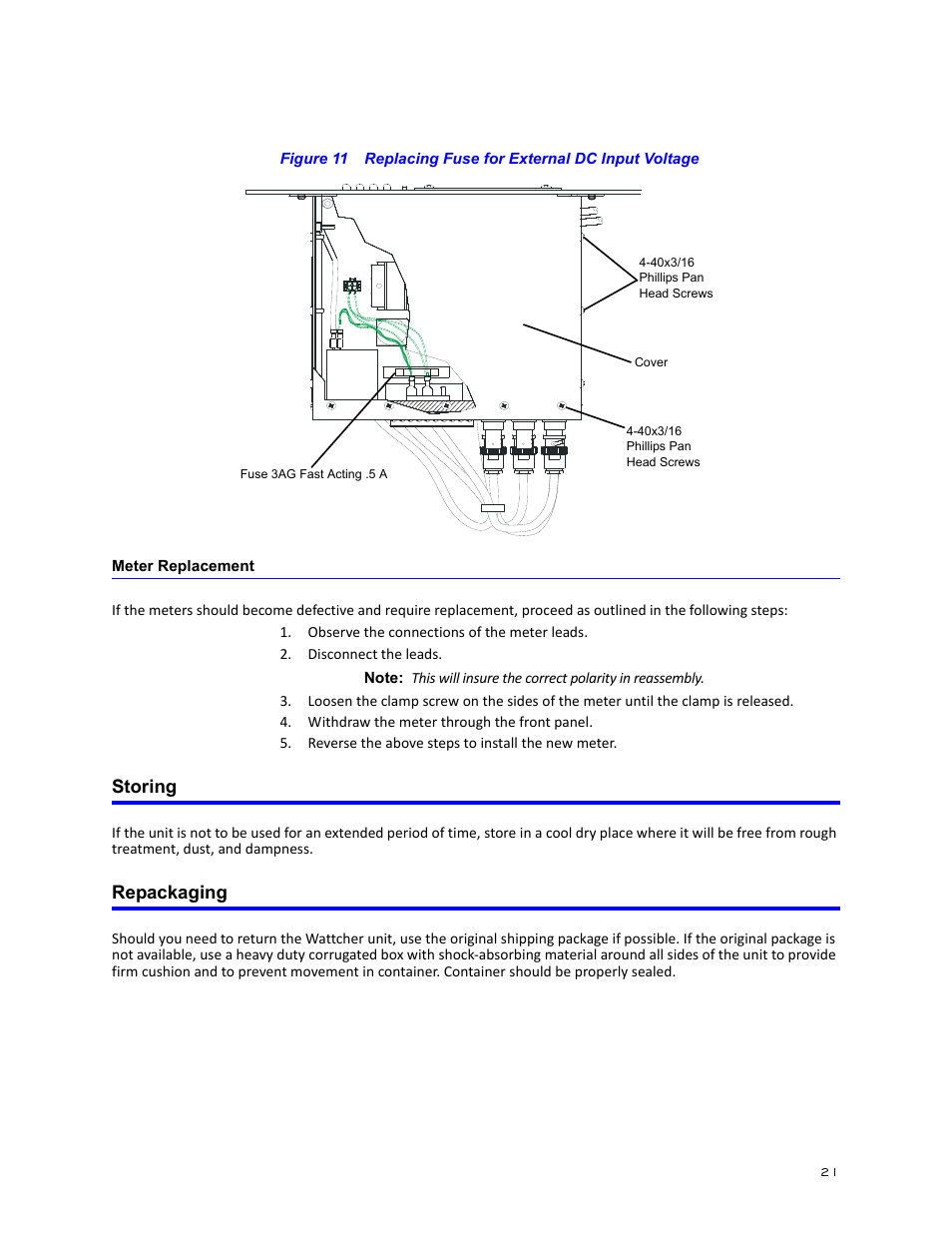 Meter replacement, Storing, Repackaging | Storing repackaging | Bird Technologies 3171B020 User Manual | Page 33 / 49